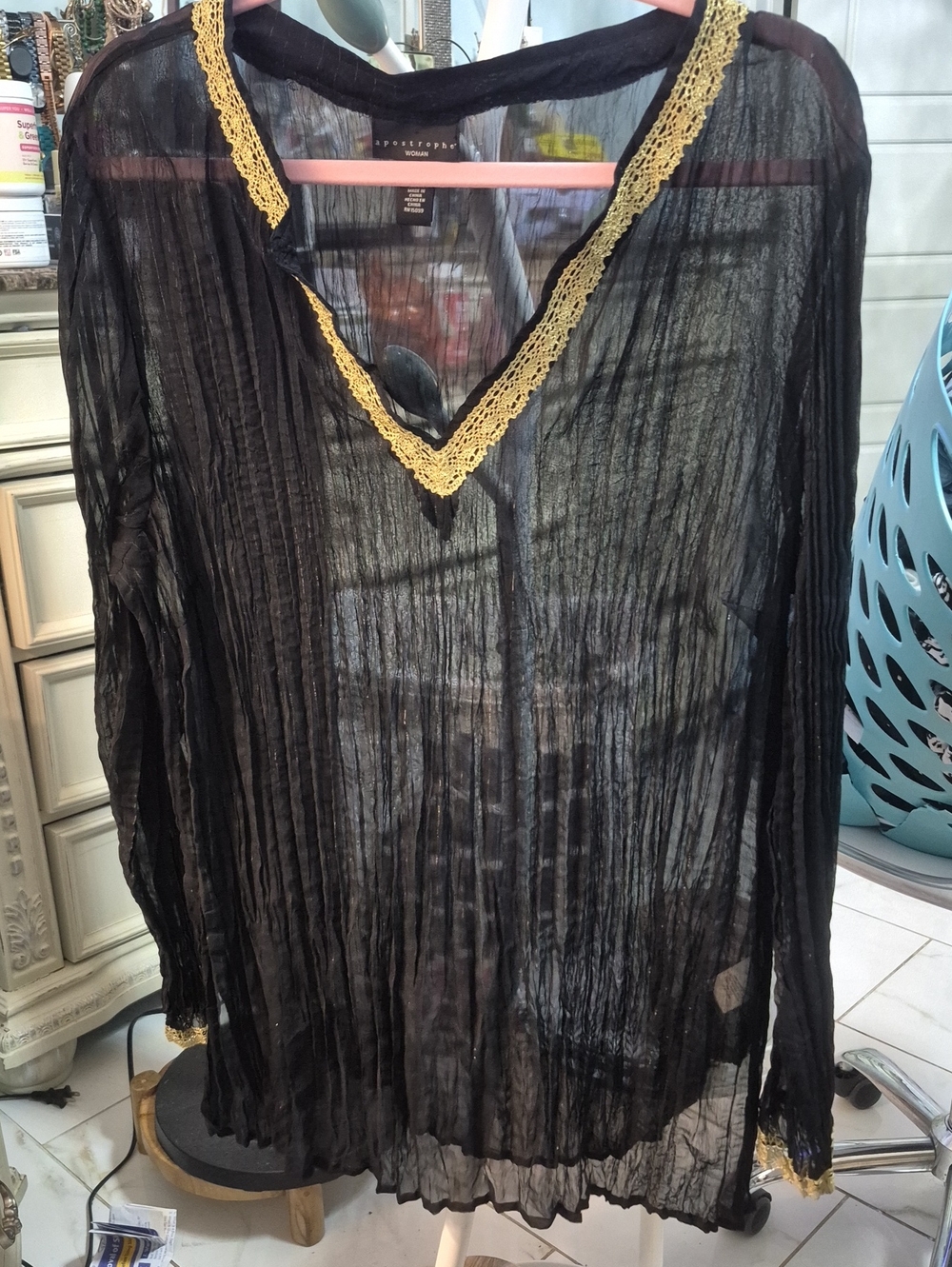 Apostrophe' Black Sheer V-Neck Tunic with Gold Trim